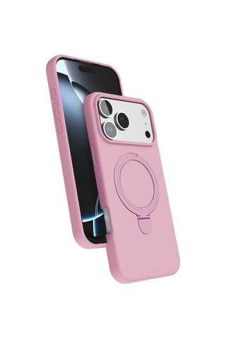 Apple Uyumlu iPhone17 Pro Max Pembe Standlı Magsafeli Silikon Kılıf Açık Pembe