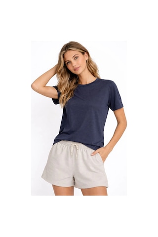 Primemagazam Kadın Tişört Osy Modal Yumuşak Dokulu Kumaş Bisiklet Yaka T-shirt - İndigo Çeşitli