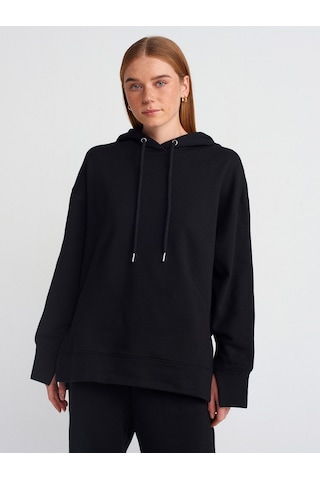 Dilvin 40403 Dikiş Esprili Yırtmaçlı Sweat Siyah