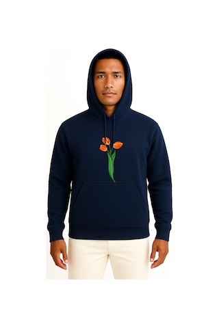 Bahriyeli Collection Kapüşonlu Hollanda Lale Göğüs Baskılı Unisex Sweatshirt Lacivert