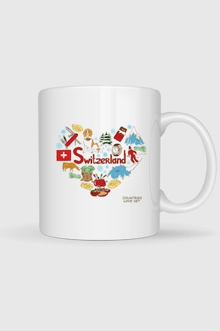 İsviçre Ülkesi Ve Kalp Logo Baskılı Kupa Bardak Beyaz