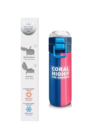 Coral High Erkek Çocuk 500 Ml Okul Ve Günlük Paslanmaz Çelik Termos - Mavi Pembe Renkli Çizgili - Sızdırmaz Çok Renkli