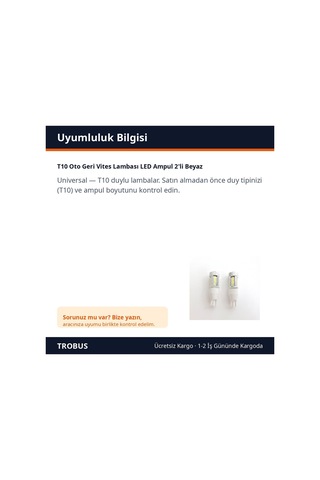 Trobus T10 Oto Geri Vites Lambası Led Ampul 2'li Beyaz