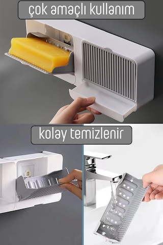 2 Bölmeli Yapışkanlı Duvara Monte Mutfak Banyo Katı Sabunluk Gri