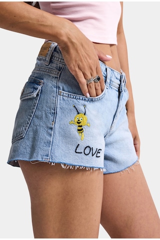 it's basic Kadın Mavi 4s6-32 Mini Mom Nakış Desenli Tasarım Denim Şort