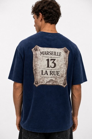 Respire Erkek Marseille Baskılı Yıkamalı Oversize T-shirt Lacivert