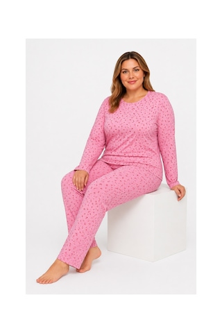 Sleeproom Büyük Beden Kadın Mevsimlik Pointiel Çiçek Desen Pijama Takımı Pembe