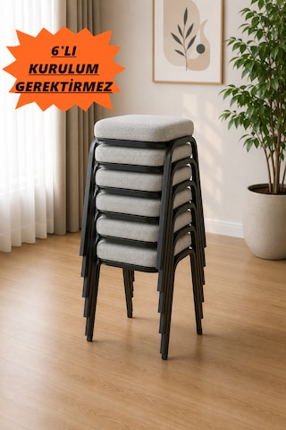 6 Adet Siyah Metal Ayaklı Boyalı Tabure ,sert Süngerli Çökme Yapmaz , 3 Cm Süngerli, Kumaşlı Siyah - 6 Adet