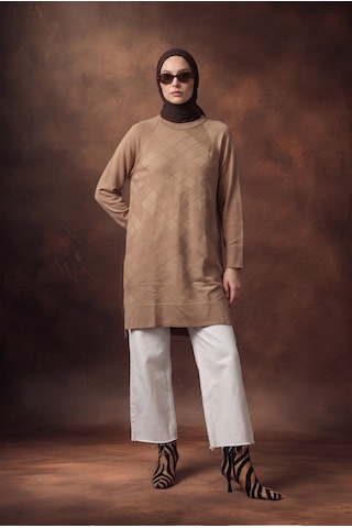 Armine Trend Geometrik Desenli Bisiklet Yaka Uzun Kollu Rahat Kesim Tunik Koyu Taş 26ktd411 Koyu Kahverengi