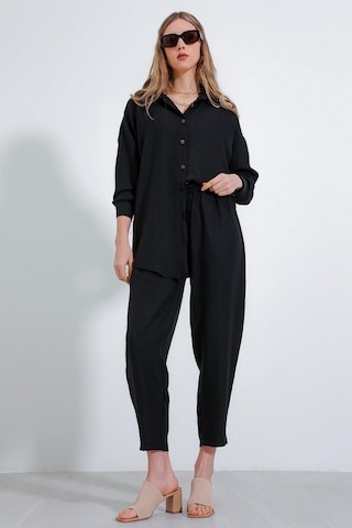 Bigdart Kadın Siyah Oversize Keten Alt Üst Takım 6622 6622bgd19-001-14413 001