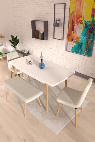 Vilinze Tosya Sandalye Tosya Bank Avanos Ahşap Mdf Açılır Mutfak Masası Takımı - 70x120+30 Cm Krem
