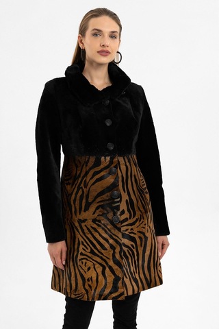 Jade Siyah Ve Leopar Desenli Kadın Hakiki Deri Kaban-siyah Siyah