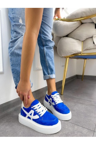 Erva'nın Butiği Mavi Beyaz Tig Kadın Bağcıklı Sneakers-4892 Mavi Beyaz Süet