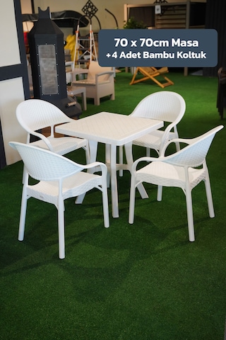 Alezy Bambu Balkon Bahçe Masa Takımı 4 Kişilik 70x70 Masa 4 Adet Bambu Koltuk Beyaz