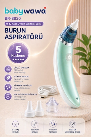 Babywawa Br-8820 0-12 Yaş Şarjlı Bebek Burun Aspiratörü 5 Kademe Güçlü Vakum