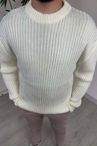 Explode - Erkek Ekru Bisiklet Yaka Oversize Triko Kazak Ekru