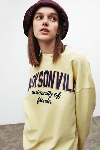 ETHIQUET RAMONA Kadın Oversize Yumuşacık İçi Polarlı Organik Pamuklu Baskılı Yuvarlak Yakalı Sarı Sweatshirt