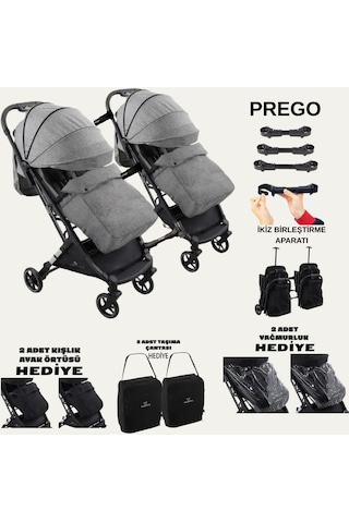 Prego Yan Yana Birleştirmeli Kabin Boy İkiz Bebek Arabası Ayak Örtüsü + Yağmurluk + Taşıma Çanatası