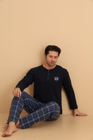 Flkn 7015 İnterlok Kışlık Ekose Pijamalı Erkek Pijama Takımı Lacivert