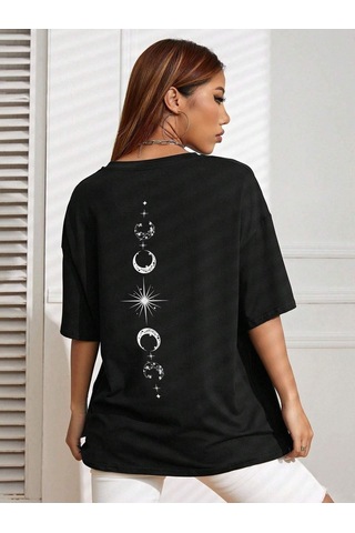 Moon Start T-shirt - Siyah Baskılı Oversize Bisiklet Yaka Kısa Kol SIYAH