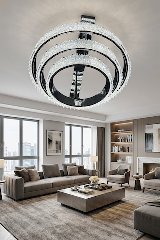 Aura 3 Katlı Kristal Halka Led Salon Avizesi Modern Taşlı Avize 3 Renk Işık Çok Renkli