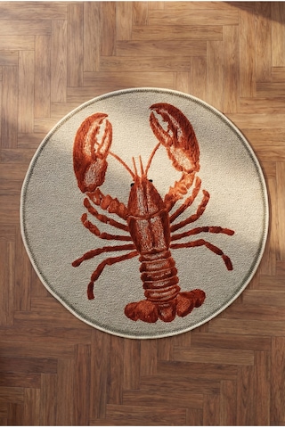 Marine 90 Pastel Yeşil Kırmızı Istakoz Desenli Tasarım Yuvarlak Marin Antre Halısı Mutfak Halısı Açık Yeşil