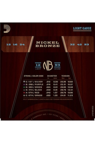 D'addario Nb1253 Nickel Bronze Light 12-53 Takım Tel Akustik Gita