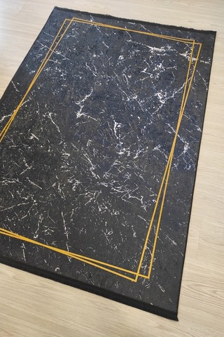 Siyah Gold Salon Halısı Mermer Desenli Siyah Mutfak Halısı