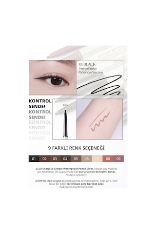 Suya Dayanıklı, İnce Uçlu Göz Kalemi Clıo Sharp So Simple Waterproof Pencil Liner 01 Black 01