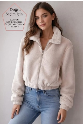 Smalltouch Kadın İç Astarlı Fermuarlı Çift Cepli Crop Bej Peluş Mont Taş