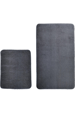 2'li Peluş Banyo Paspası Takımı Yumuşak Kaymaz Tabanlı Klozet Takımı 60x50 - 60x100 Koyu Gri