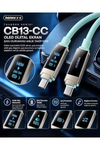 Remax Cb13-cc Thunder Serisi 140w Oled Ekranlı Bluetooth App Kontrollü Type-c Hızlı Şarj Ve Data Kablosu 1.2 Metre Mint Yeşili