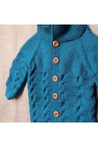 Uretti - Talia 8659 - 7872 El Örgüsü Mavi Kapüşonlu Erkek Çocuk Hırka - 2 / 3 Yaş Petrol Mavi