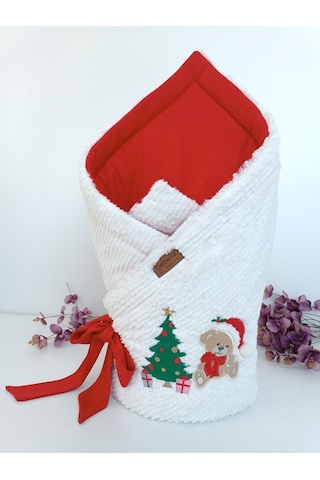 Kışlık Bebek Battaniyesi & Kundağı - Çam Ağacı & Ayıcık Işlemeli Hastane Çıkışı - Yeni Yıla Özel Kırmızı
