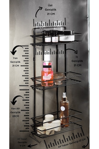 3 Katlı Siyah Yapışkanlı Banyo Rafı, Şampuanlık Duş Düzenleyici, Paslanmaz Metal Banyo Duvar Askısı - TŞ-03