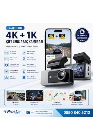 F680-pro 4k Ultra Hd Çift Kameralı Araç Kamerası Dashcam - Wifi, Gps, 24 Saat Park Modu