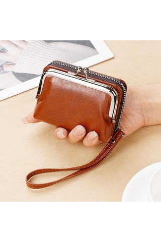 Kahverengi Para Kartı Çantası Bayan Toka Para Çantası 4 İnç Fermuarlı Klip Çanta Debriyajı Kahverengi