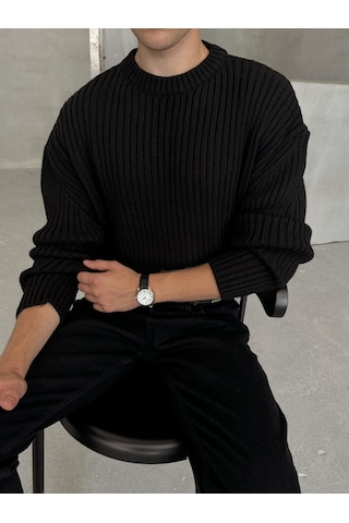 Erkek Fitilli Örme Oversize Kazak Siyah