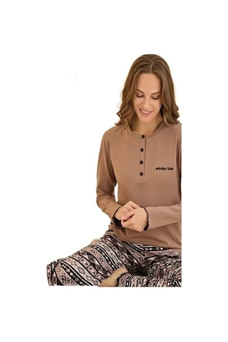 Mina Collection Kadın Pijama Takımı Uzun Kollu Yumuşak Dokulu E Kahve Rengı