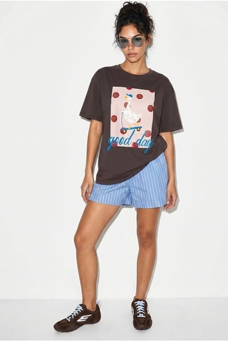 Shade Kadın Good Day Baskılı Nakış Detaylı Relaxed Fit T-shirt 7642 60286117 - Kahverengi