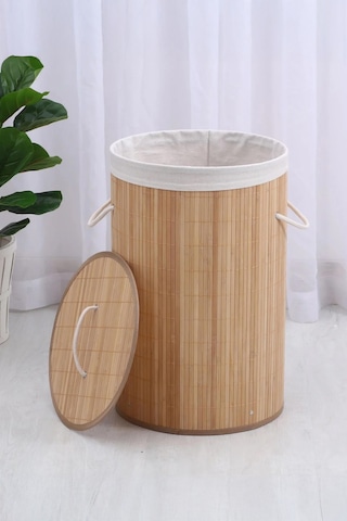 İronika Bambu Kirli Çamaşır Sepeti Halatlı Bambu Çamaşır Oyuncak Sepeti Yuvarlak Açık Kahverengi