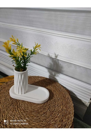 Mini Desenli Beton Saksı Tekli Ve Oval Tabak - Yapay Çiçek Hediyeli - Sarı
