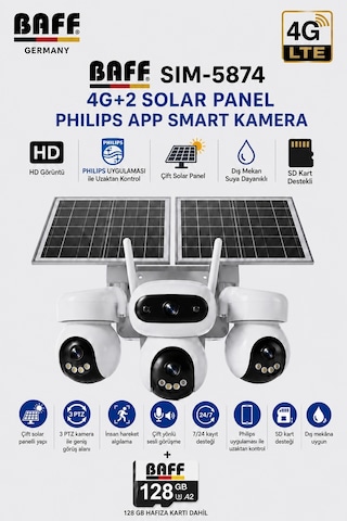 SIM-5874 Çift Solar Panelli 4G SIM Kartlı 3 Lensli PTZ Akıllı Dış Mekan Güvenlik Kamerası HD IP Kamera + 128 GB Hafıza Kartı Dahil
