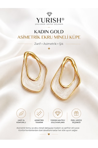 Kadın Gold Asimetrik Ekru Mineli Küpe