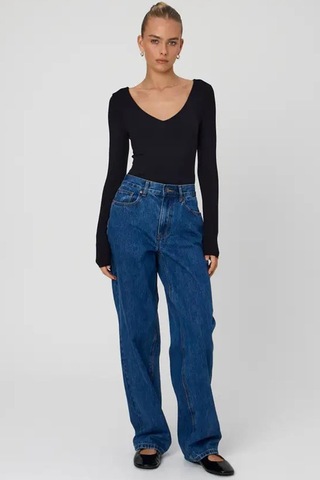 Madmext Siyah V Yaka Uzun Kol Esnek Kumaş Bodysuit Mg2132-siyah Siyah