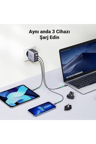 Ugreen 65w Gan 3 Portlu Seyehat Hızlı Şarj Cihazı , 90409