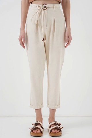 Defymoda 6660 Kemerli Keten Pantolon - Krem Krem