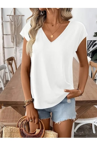 Kadın Kısa Kollu V Yakalı Arkadan Kurdele Detaylı Viskon Bluz Beyaz