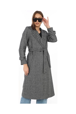 Kadın Balık Sırtı Kaşe Kaban Uzun Boy Kruvaze Yaka Kuşaklı Astarlı Kışlık Tesettür Kaban, Yünlü Do Füme