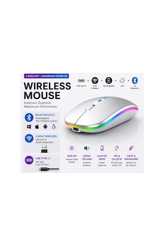 Jng-5013m Kablosuz Şarjlı Mouse Çift Modlu Bluetooth Ve 2.4 Ghz Usb Wireless Rgb Led Işıklı Telefon Tablet Bilgisayar Uyumlu 1600 Dpi Sessiz Click Mouse Diğer